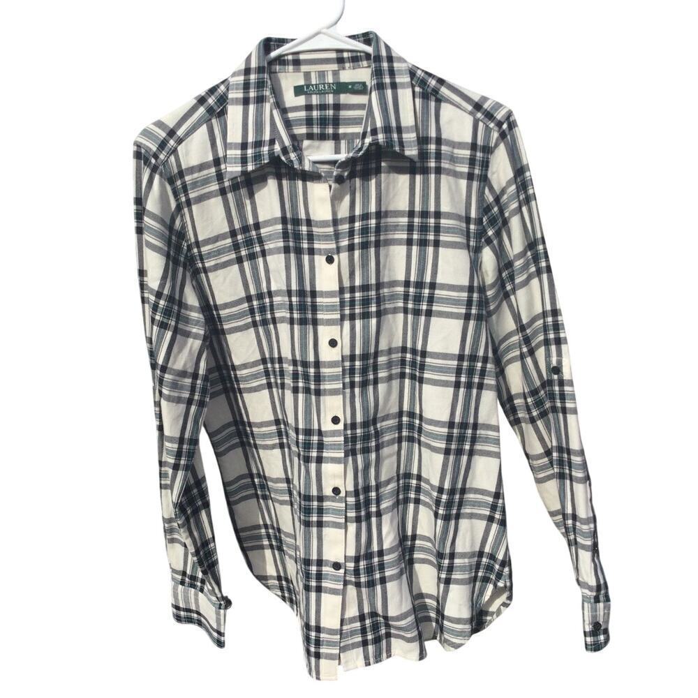Lauren Ralph Lauren Womens Flannel Button Up Shirt Size Medium Black White Plaid